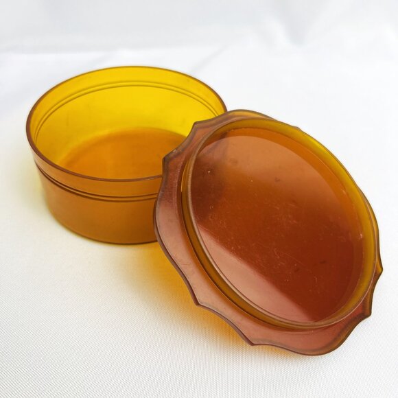 Vintage Amber Celluloid Vanity Powder Trinket Box Butterscotch Scalloped Edge - Picture 4 of 10